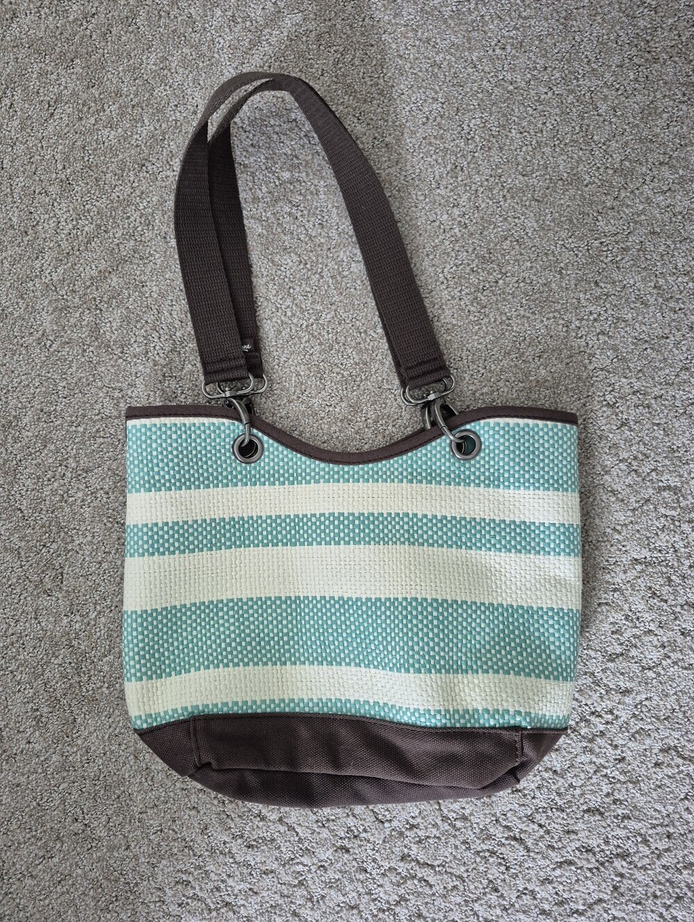 Striped Aqua and Cream Tote Bag with Brown Accents